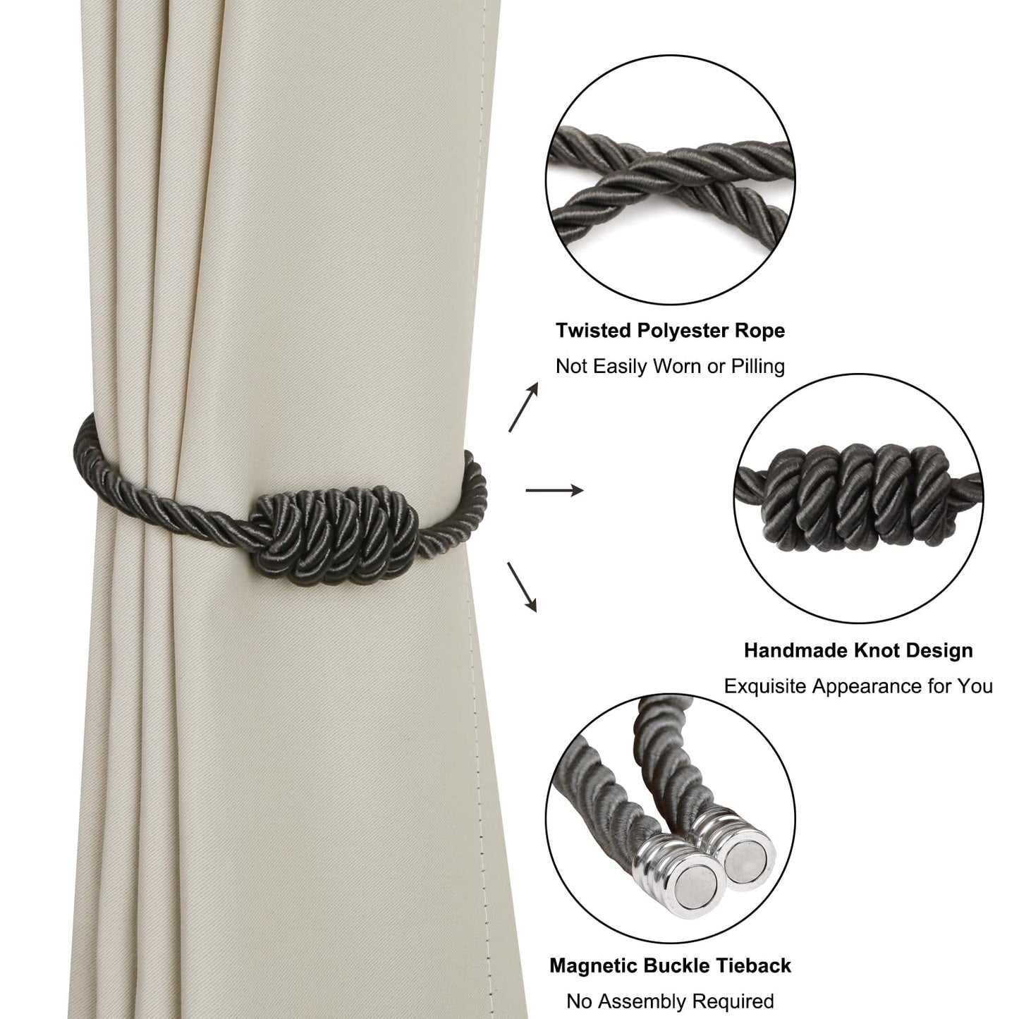 BEL AVENIR Magnetic Curtain Tiebacks, Decorative Drapery Holdbacks Modern Woven Tie-Backs with Exquisite Knot (Charcoal, 4 Pack)