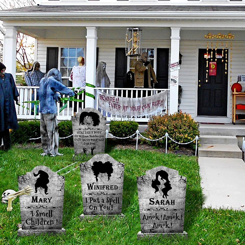 Halloween Decorations Outdoor Graveyard Tombstones:4 Pack Large Hocus-Pocus Yard Signs with Stakes, Outside Graveyard Decor Spooky RIP Headstones, Stone Texture Cemetery Props for Lawn Haunted House