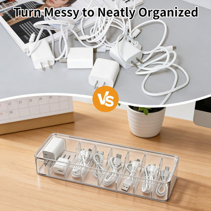 2 Pack Cable Organizer Box with Lid - Stackable Charger Cord Storage Organizer with 20 Wire Ties - Adjustable Compartments Phone Cables Wire Management Box for Drawer Desk Office Home Accessories