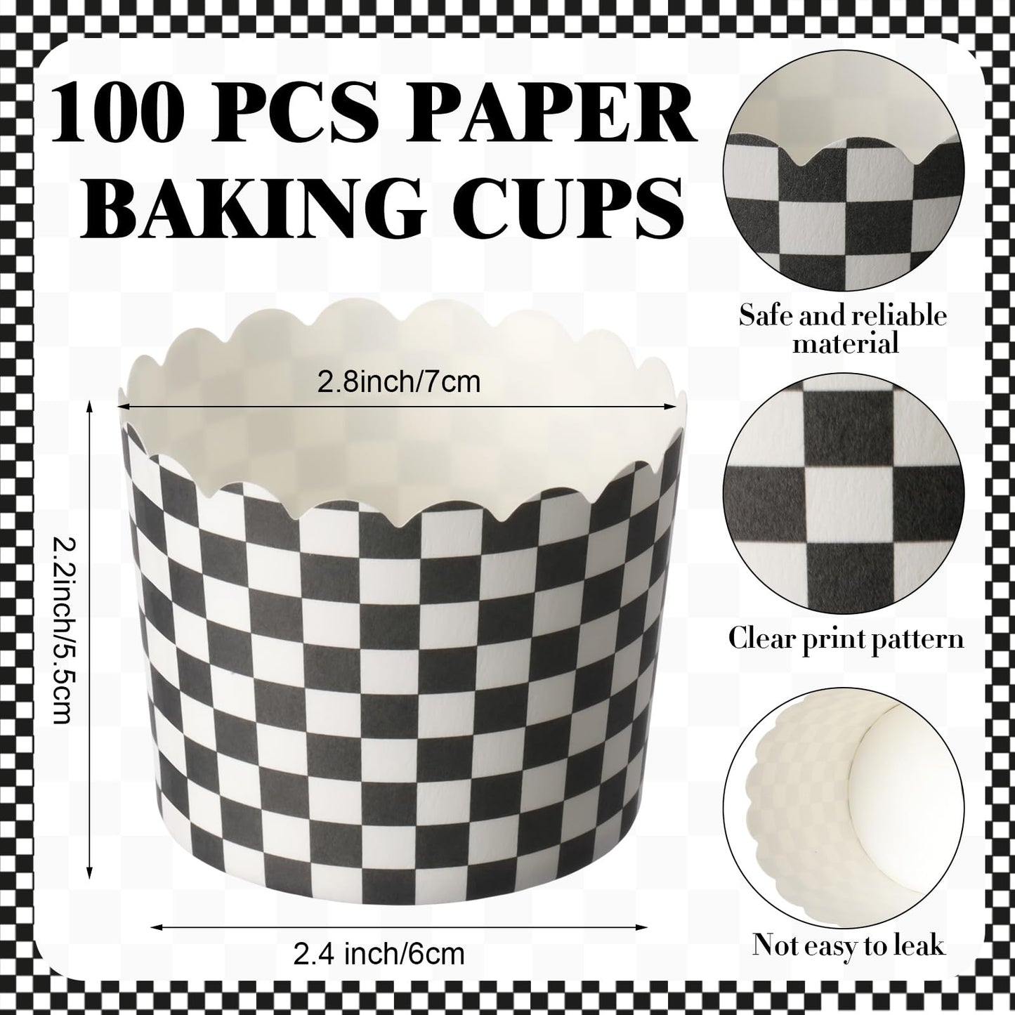 Qinyoung 150 Pcs Race Car Checkered Cupcake Wrappers Liners Black and White Paper Baking Cup Greaseproof Disposable Scalloped Checkered Flag Muffin Case for Racing Car Birthday Party Baby Shower Decor