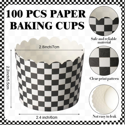 Qinyoung 150 Pcs Race Car Checkered Cupcake Wrappers Liners Black and White Paper Baking Cup Greaseproof Disposable Scalloped Checkered Flag Muffin Case for Racing Car Birthday Party Baby Shower Decor