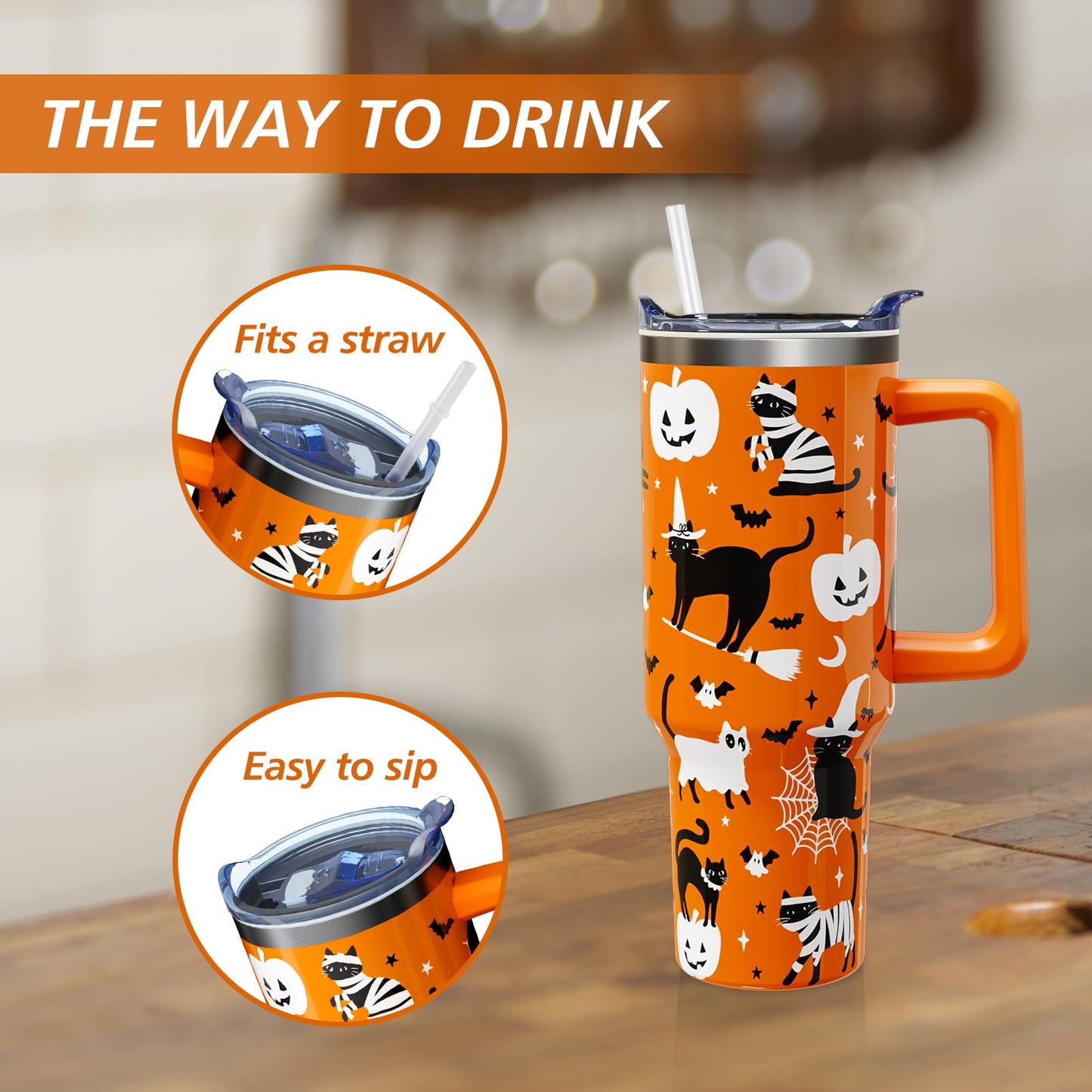 Aokoyi Halloween Cat 40 Oz Tumbler With Handle and Straw, Cute Black Cats Stainless Steel Insulated Cup Water Bottle, Spooky Holiday Gifts for Women Men (1PC)