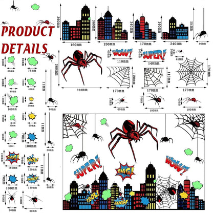 Spider Theme Wall Stickers - Removable Spider Web & Cityscape Wall Decals for Boys Bedroom, Playroom, Living Room