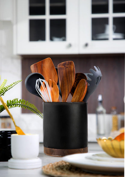 Nucookery 360°Rotating Utensil Holder, 7.2" Large Utensil Crock Countertop, Black Ceramic Cooking Utensil Organizer,Spatula Spoon Holder,Farmhouse Kitchen Decor Christmas Gift (Stone Black)