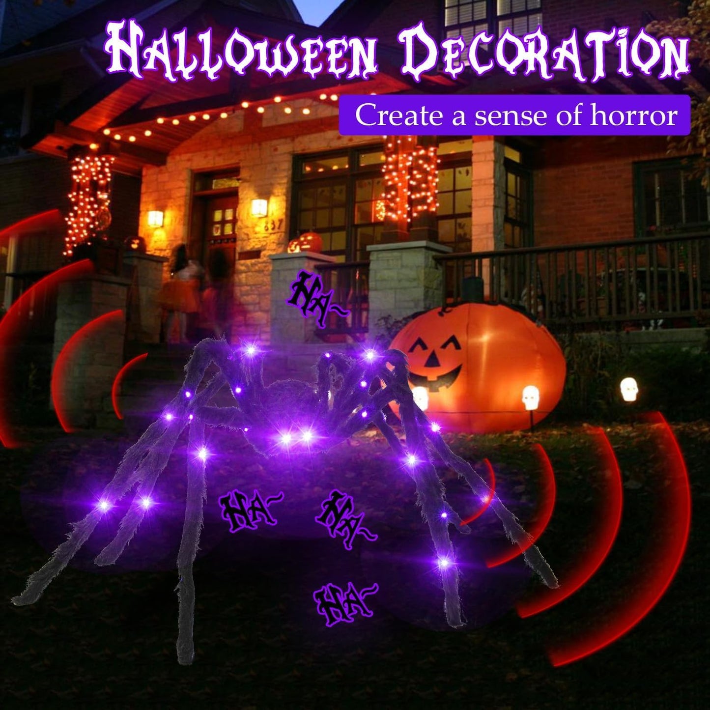 5ft Giant Light Up Sound Activated Talking Halloween Spider with Purple Lights and 17 * 16Ft Spider Web with 200sqft Stretched Cobweb for Indoor Outdoor Decorations and Yard Creepy Lighted Decor
