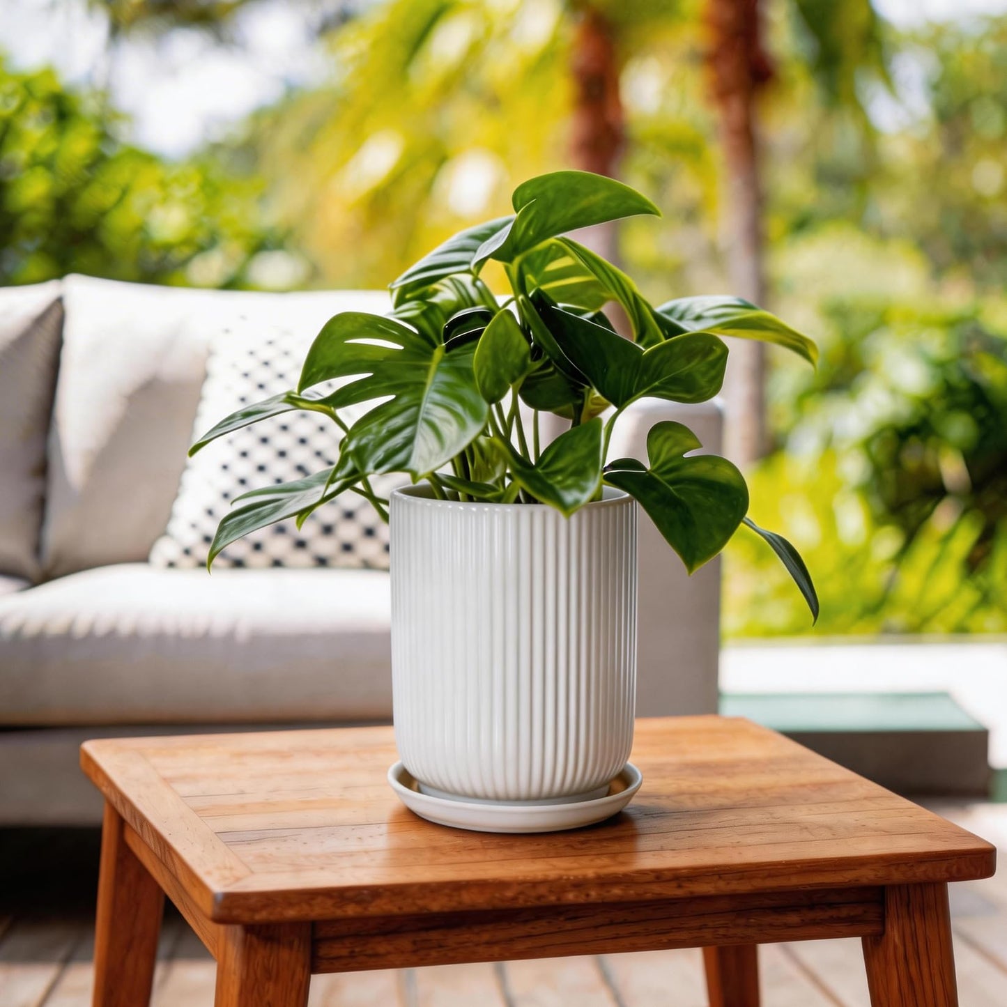 Deep Dream 8 Inch Ceramic Pots for Plants, Heavy Plant Pot for Indoor Outdoor Plants, Large Plant Pot with Drainage Hole and Saucer, Modern Tall Flower Pot, Gifts for Plant Lovers, White