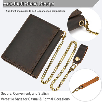 Yevabo Men's Full Grain Leather Trifold Wallet with Chain - Vintage Full Grain Leather Short Purse for Men with Multi-Card Slots, ID Window, Key Holder, Dark Brown