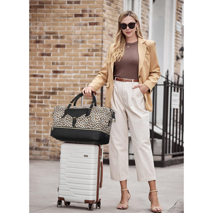 CLUCI Weekender Bag for Women Canvas Large Overnight Travel Duffel Bag with Shoe Compartment Leopard Pattern with Black