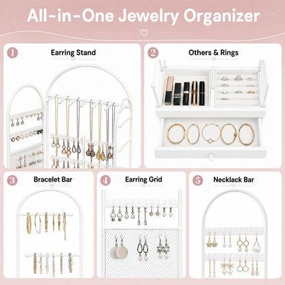 TerraKit White Vanity Jewelry Organizer Stand with Drawer, Earring Holder and Necklace Bracelet Organizer, Metal & Wood Jewelry Display Stand for Earrings, Rings, Bracelets, Dresser & Bedroom
