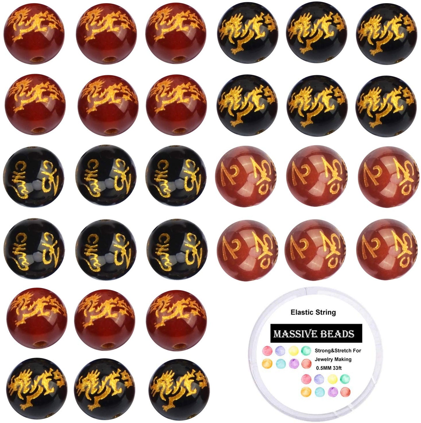 80Pcs Natural Crystal Beads Stone Gemstone Round Loose Energy Healing Beads with Free Crystal Stretch Cord for Jewelry Making (Craved Dragon Mantra Red Black Agate, 10mm)