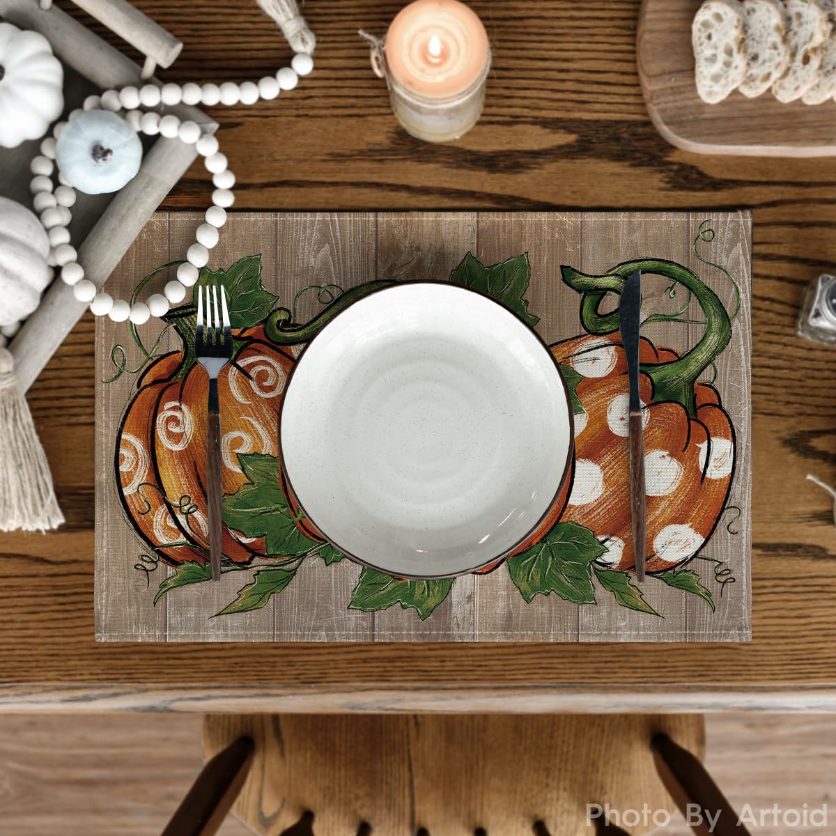 Artoid Mode Wood Polka Dot Pumpkins Fall Placemats Set of 6, 12x18 Inch Seasonal Table Mats for Table Runner Party Kitchen Dining Decoration