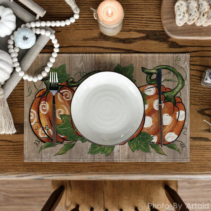 Artoid Mode Wood Polka Dot Pumpkins Fall Placemats Set of 6, 12x18 Inch Seasonal Table Mats for Table Runner Party Kitchen Dining Decoration