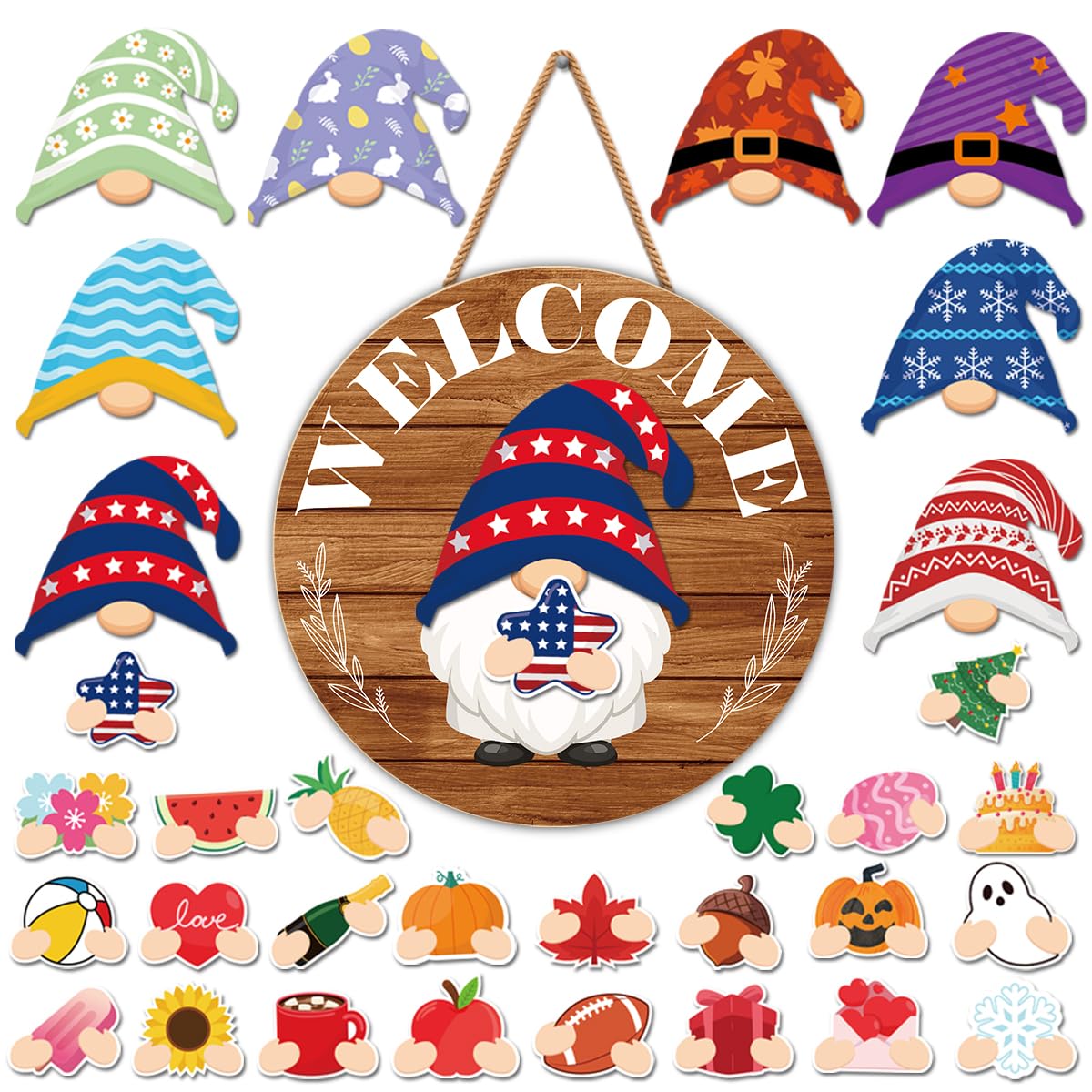 Interchangeable Gnome Welcome Sign Summer Patriotic 4th of July Porch Decor, Changeable Wooden Gnomes Front Door Decoration Wreath Hanger for Spring Fall Winter All Seasons Holiday, Russety