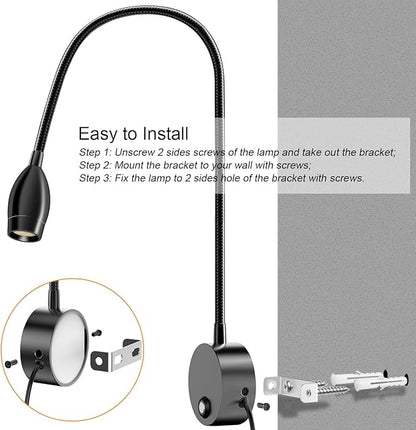 ERAY LED Wall Mounted Reading Light, Bedside Reading Lights for Bed with Touch Control, 3 Dimmable, 360°Flexible Gooseneck Headboard Book Reading Lamp Wall Sconce, 3000k-6000k-1 Pack