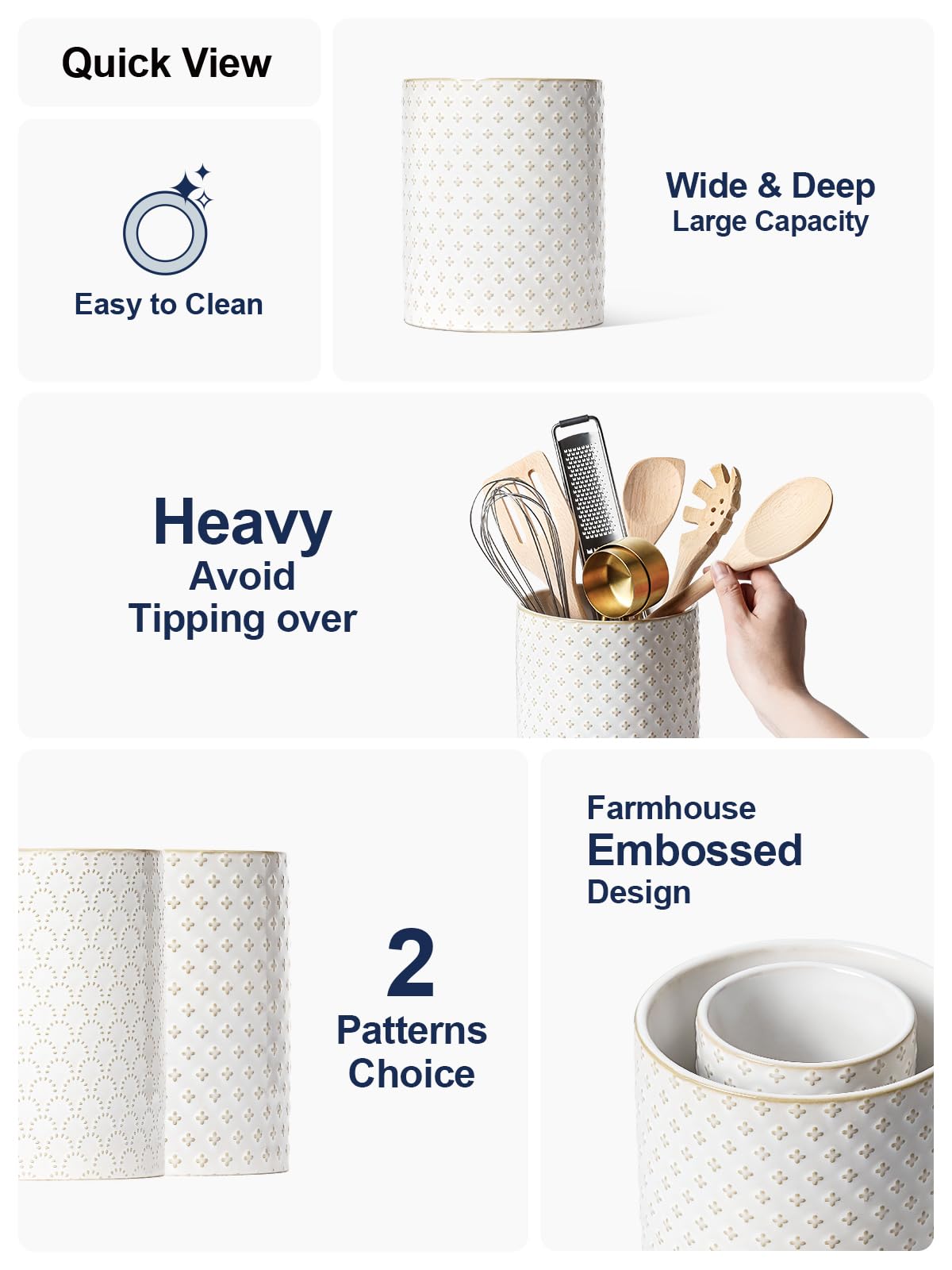 LE TAUCI Utensil Holder for Kitchen Counter - 7.1" Large Ceramic Utensil Crock, Cooking Utensil Organizer for Spatula, Spoon, Whisk - Farmhouse Kitchen Countertop Storage, Embossed, Clover