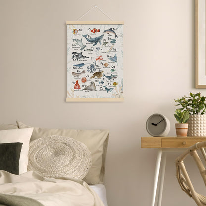 MOTERMATE Ocean Nursery Abc Alphabet Wall Art Poster Chart, Learning Educational Canvas Poster Hanger Frame for Toddlers Classroom, Ocean Under The Sea Nursery Wall Hanging Banner Decor, 12x16 In