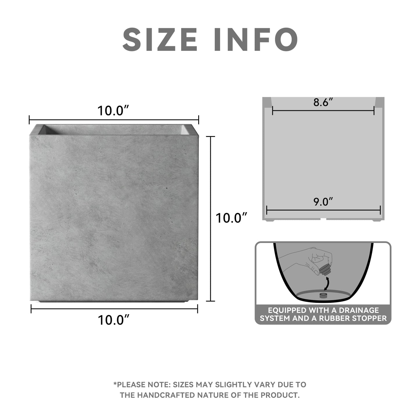 Kante 10 Inch Square Concrete Planter for Outdoor Indoor Home Patio Garden, Large Plant Pot with Drainage Hole and Rubber Plug, Natural Concrete