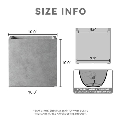 Kante 10 Inch Square Concrete Planter for Outdoor Indoor Home Patio Garden, Large Plant Pot with Drainage Hole and Rubber Plug, Natural Concrete