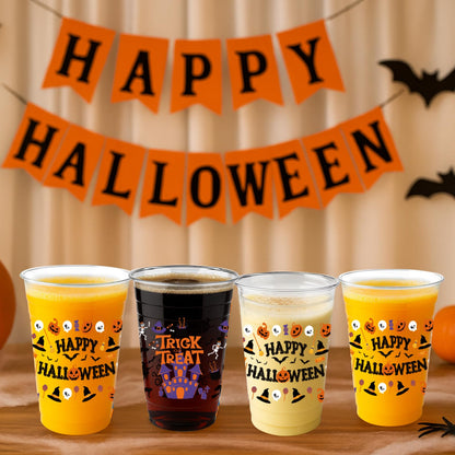 60PCS 16oz Halloween Cups – Disposable Plastic Happy Halloween and Trick or Treat Cups with 2 Unique Designs for Party Supplies, and Drinks