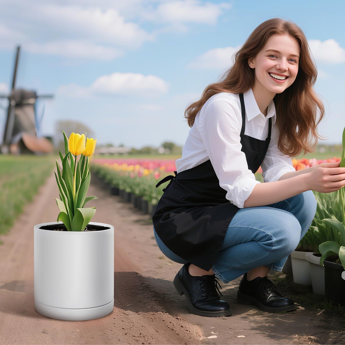 VEVOR Plant Pot, 12-Inch Ceramic Pots for Plants with Drainage Holes, Non-Slip Pads & Detachable Saucer, Modern Ceramic Flower Pots, Indoor and Outdoor Tree Planter Pot, Home & Office