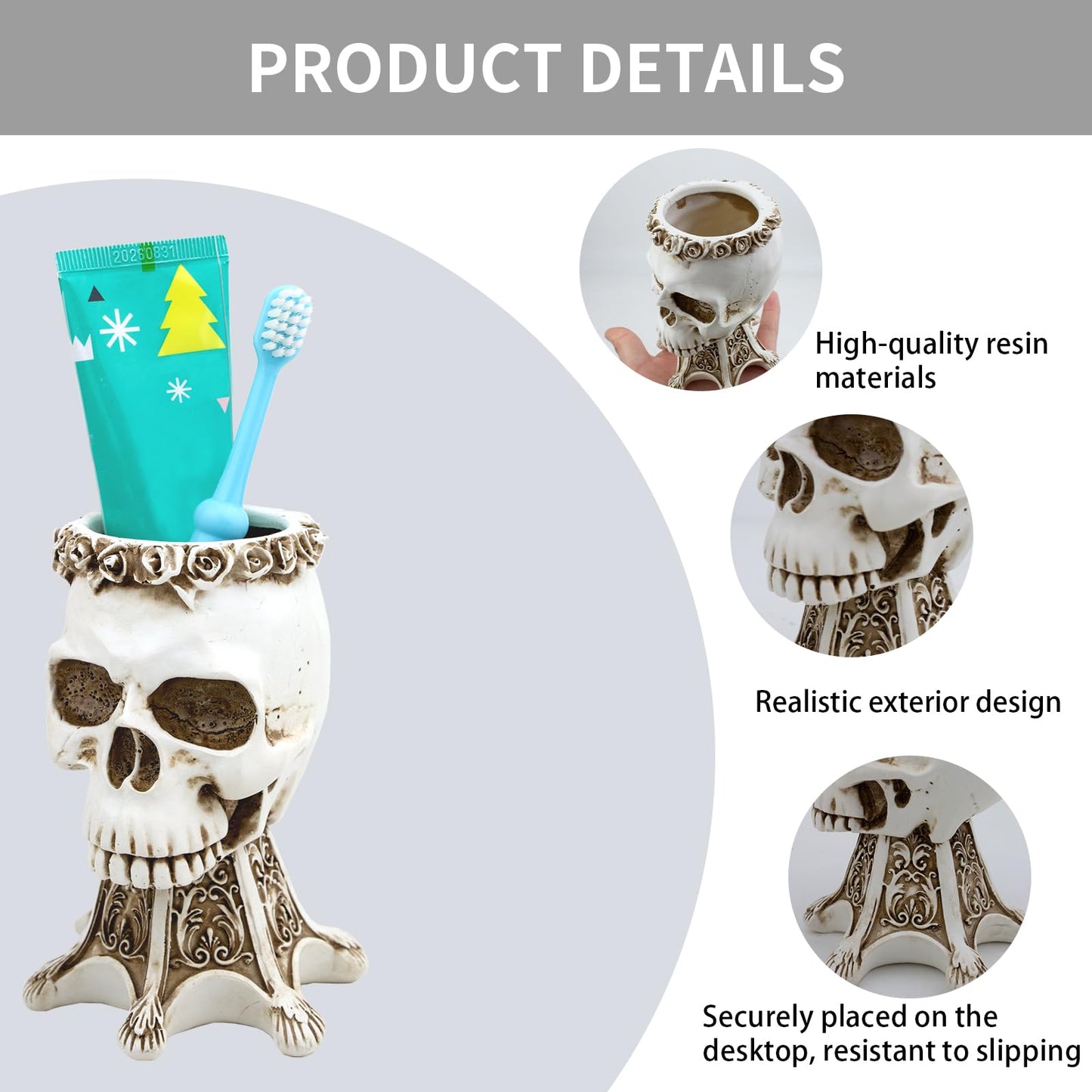 OOXYG Skull Toothbrush and Toothpaste Holder for Bathroom, Unique Skull Makeup Brush Holder, Resin Skeleton Pen Holder, Home Office Bathroom Halloween Decor
