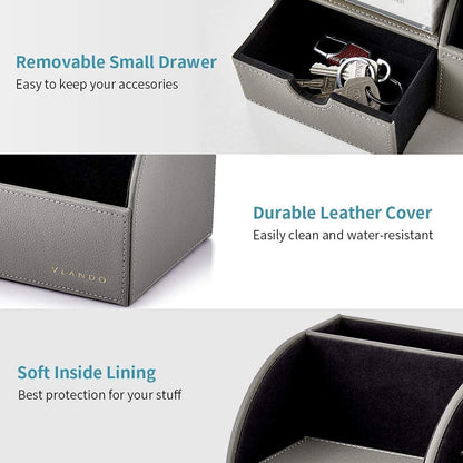 Vlando Desk Organizer with Drawer, Back to School Supplies - 5 Compartment Desktop Storage Holder with Organizer Section for Desk Accessories (Gray)