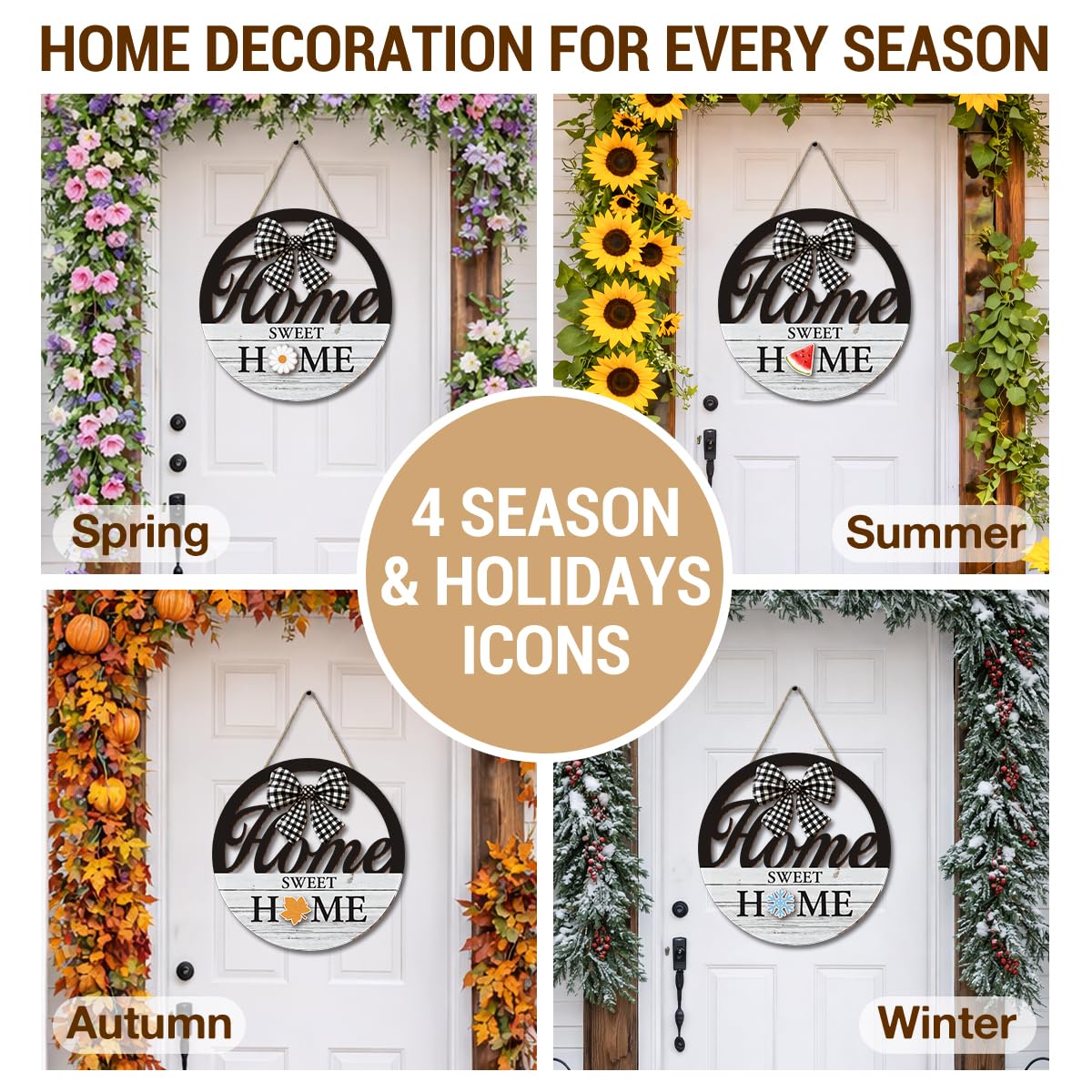 Interchangeable Seasonal Home Sweet Home Hanging Sign - Farmhouse Front Door Decoration for Spring All Seasons Holidays - Rustic Round Wood Wreaths with 12 Icons(White)