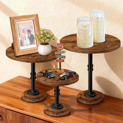 LLAXERGU Cake Stand Rustic Industrial Wood Round Cupcake Stands Cake Stand Set of 3 Dessert Table Display Set Serving Tray Decoration for Birthday Celebration Party Baby Shower