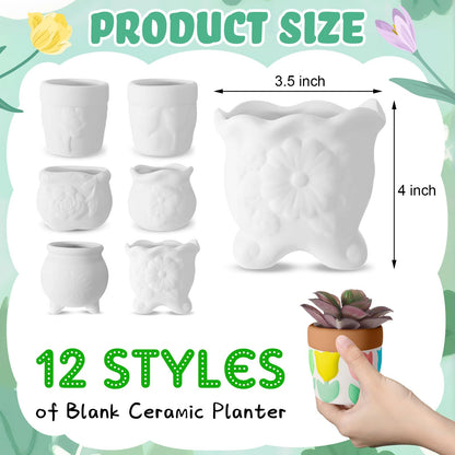 Hushee 12 Pcs Ceramic Succulent Planters White Ceramic Pots Paintable Succulent Plant Planters Containers Small DIY Figurines Unpainted Pots with Drainage Hole Paintbrushes Palettes(Flower)