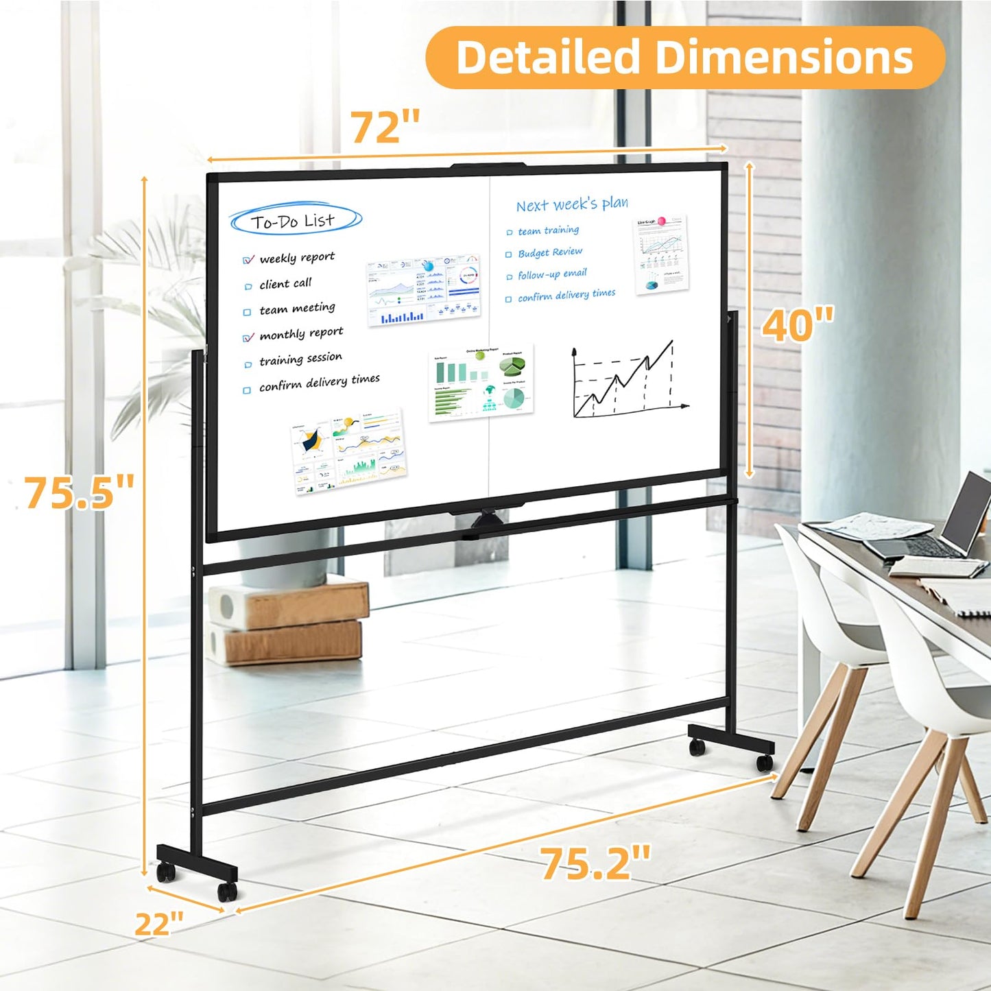WALGLASS Rolling Whiteboard on Wheels, 72"x40" Double-Sided Dry Erase White Board with Stand, Large Magnetic Whiteboard, Giant Portable Standing Board for Office, School, Home, Classroom 6 x 3.33 ft