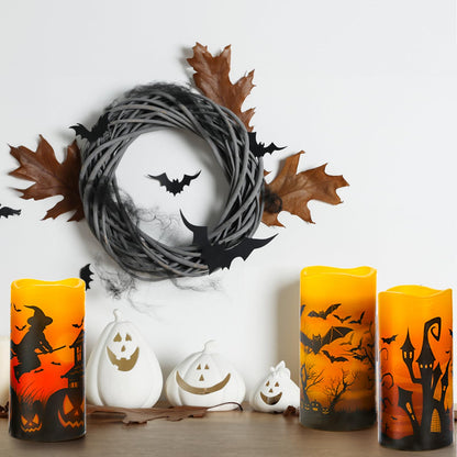 Hbaushun Halloween Flameless Candles 3 Pack with 6 Hour Timer,Battery Operated Real Wax LED Pillar Flickering Candles Warm Light with Castle, Witch, Bats Decal Halloween Decorations Candles