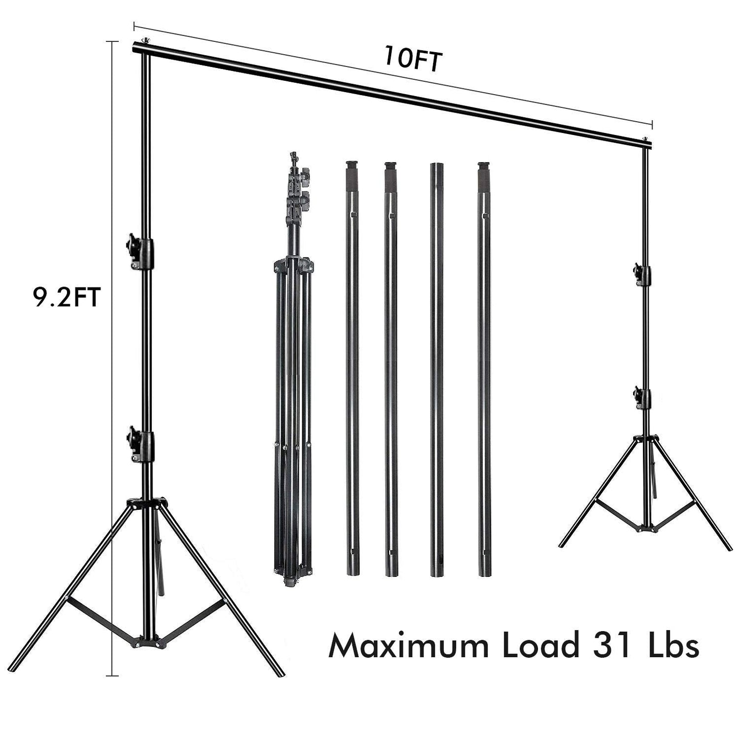 Slow Dolphin Photo Video Studio 10ft (W) x 9.2ft (H) Heavy Duty Adjustable Photography Backdrop Stand Background Support System Kit with Carry Bag, Aluminum, 4 Cross Bars, 2 Support Stands, Clamps