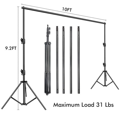 Slow Dolphin Photo Video Studio 10ft (W) x 9.2ft (H) Heavy Duty Adjustable Photography Backdrop Stand Background Support System Kit with Carry Bag, Aluminum, 4 Cross Bars, 2 Support Stands, Clamps