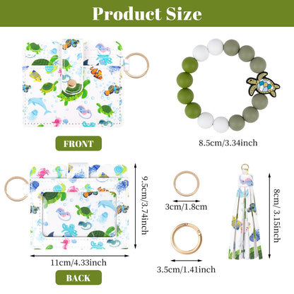 elephtree Wristlet Wallet Keychain,Beaded Silicone Bracelet PU Leather Card Holder Tassel Key Ring Bangle for Women Girls(Turtle)