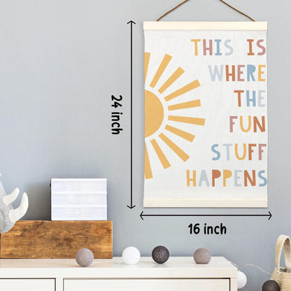 LKETW Boho Classroom Poster Hanger Frame 12x16 Inch, Inspirational Wall Art Posters for Classroom, Boho Sunshine This Is Where the Fun Stuff Happens Hanging Banner Decor for Kids Room Bedroom Playroom