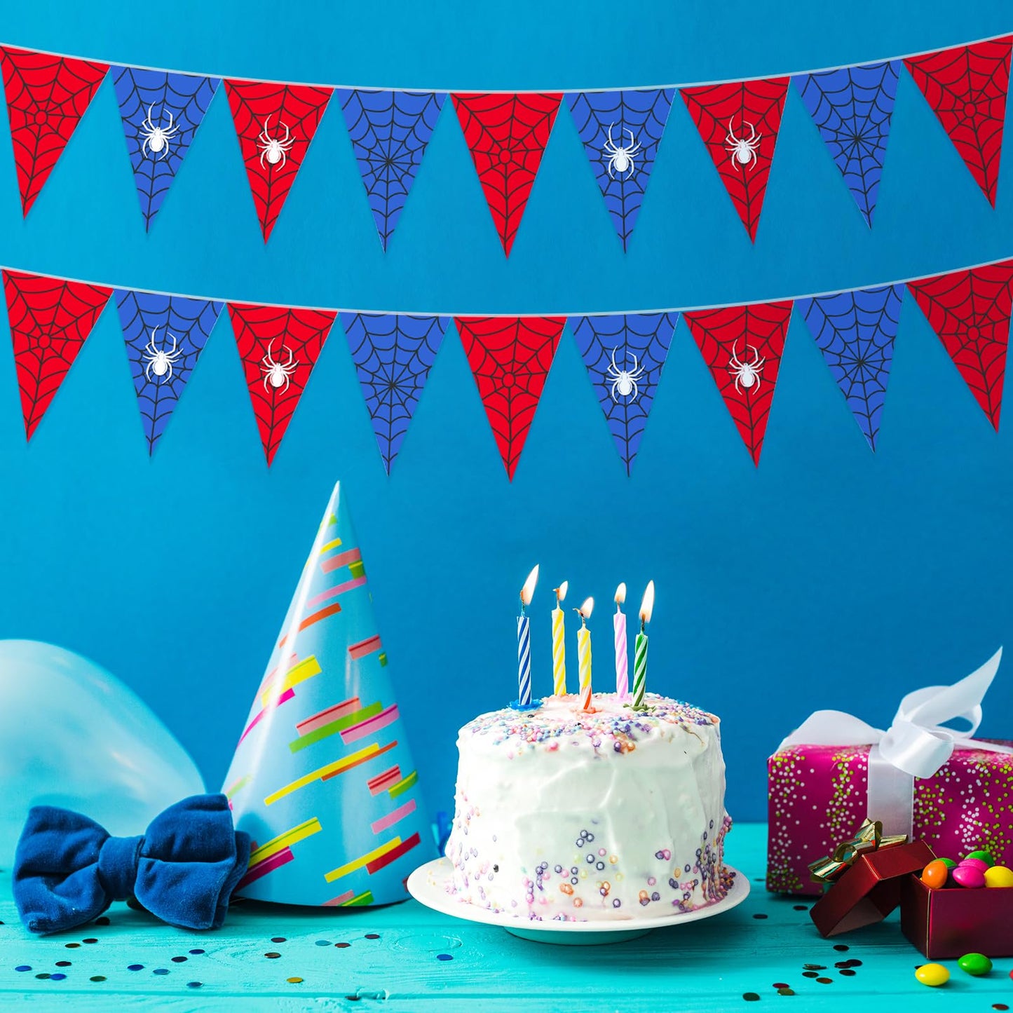 Tiamon 5 Pcs Spider Web Birthday Party Decorations Spider Theme Birthday Triangle 49.2 ft Flag Red Black Blue Pennant Banner Garland Streamer for Baby Shower Cartoon Movie Party Supply