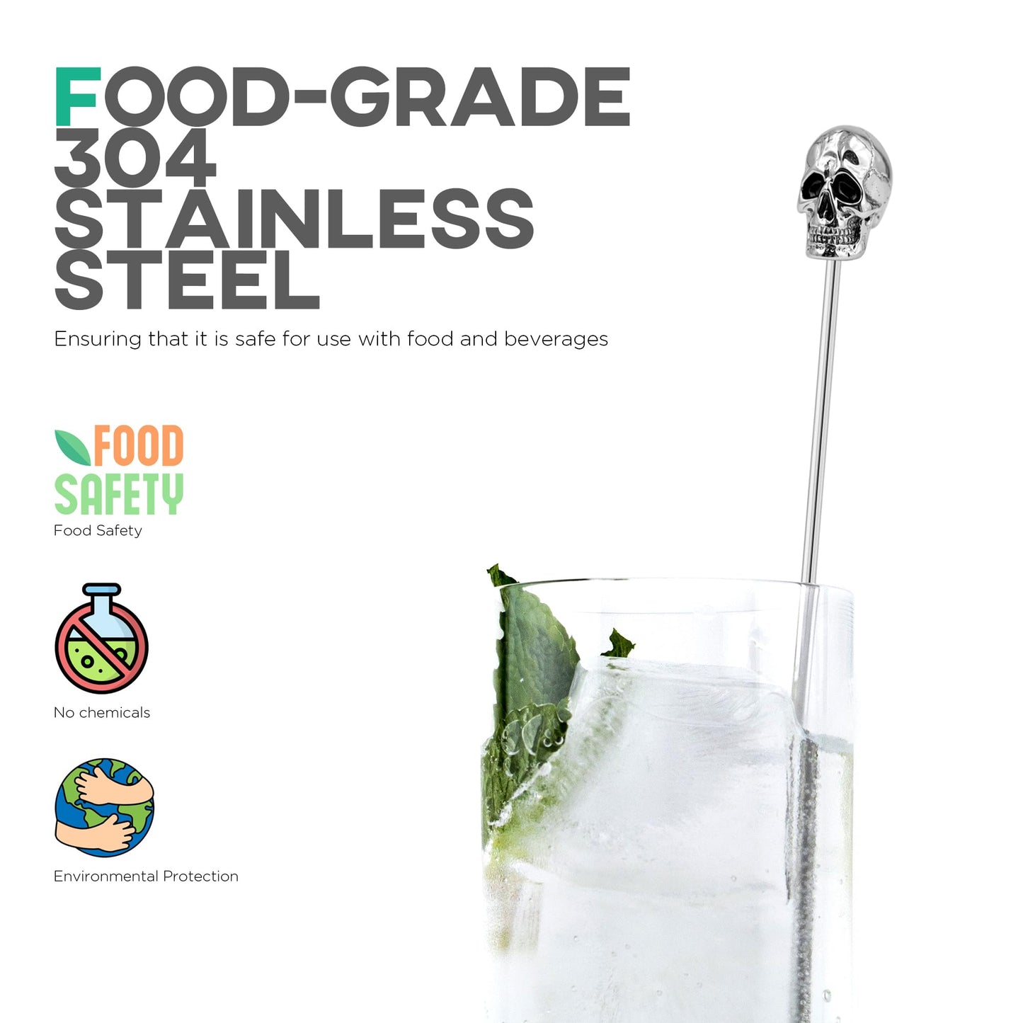 Homestia Skull Swizzle Sticks, 6-Pack 7.5 Inch Stainless Steel Reusable Cocktail Stirrers with Skull Head for Halloween Party Drink Mixer Bar Tools - Dishwasher Safe, Silver