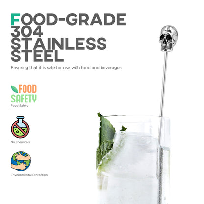 Homestia Skull Swizzle Sticks, 6-Pack 7.5 Inch Stainless Steel Reusable Cocktail Stirrers with Skull Head for Halloween Party Drink Mixer Bar Tools - Dishwasher Safe, Silver