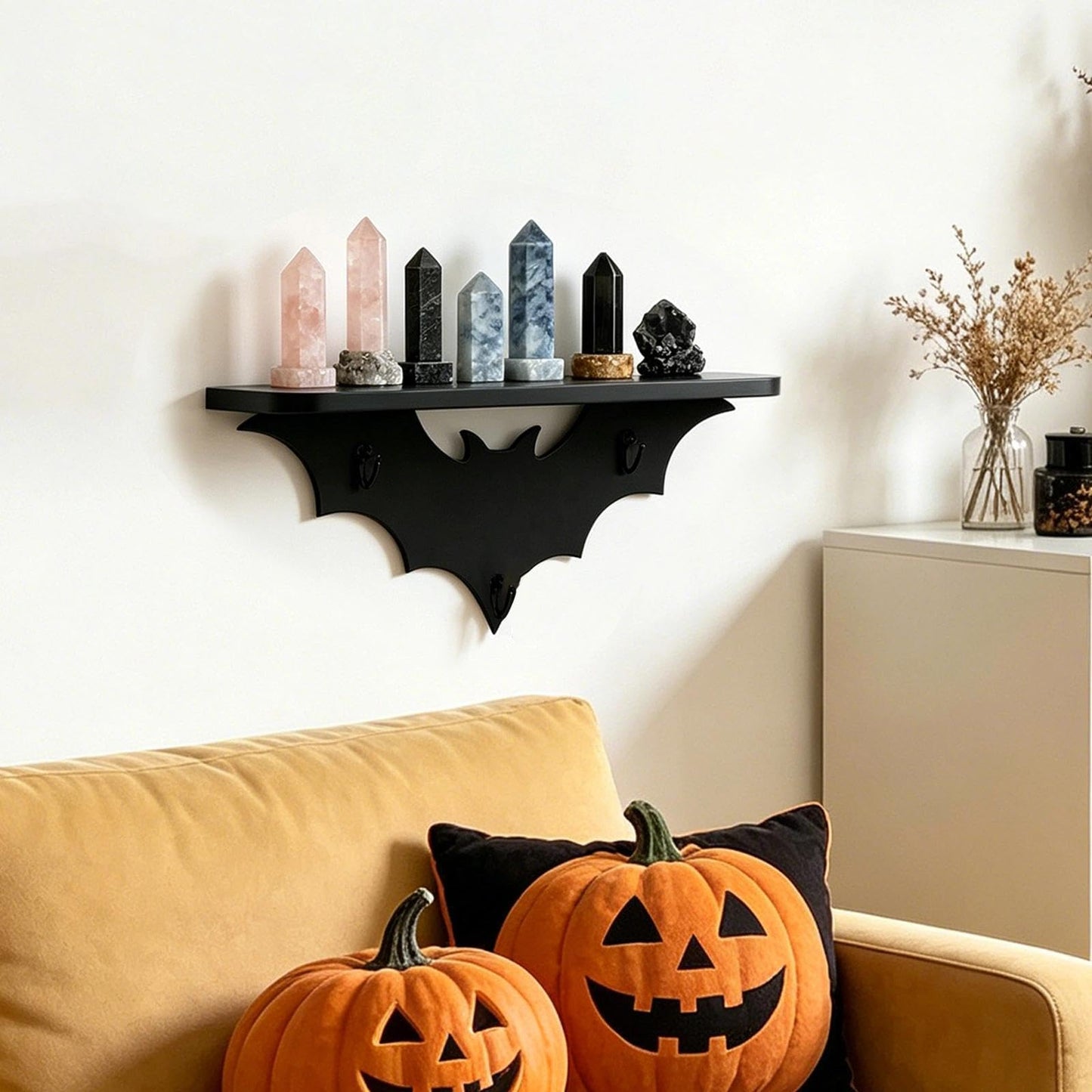 Zoonlinpp Bat Shelf Floating Shelves for Wall Halloween Gothic Room Decor for Bedroom Kitchen Livingroom Wall Shelf with 3 Key Hooks