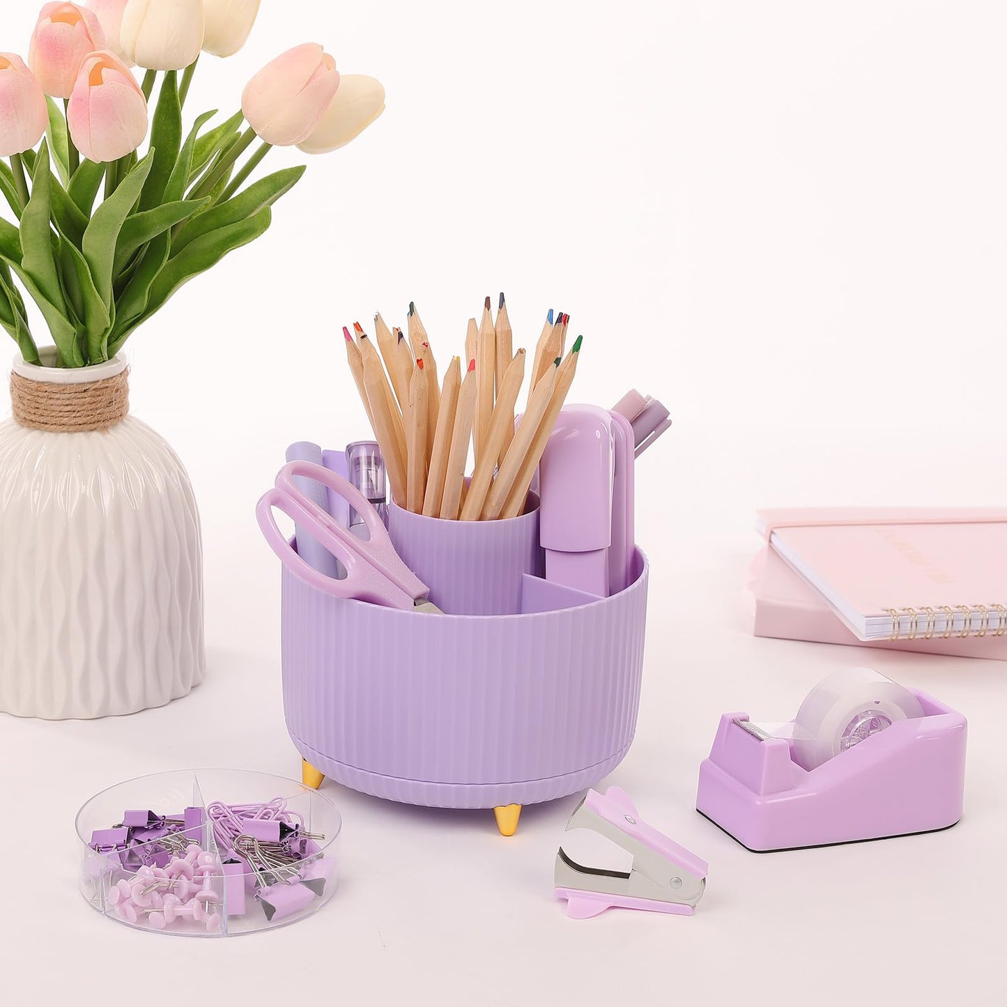 SKYDUE Purple Office Supplies Set, Purple Office Desk Accessories 10PCS, Pencil Holder for Desk, Stapler, Tape Dispenser, Scissors, Ruler, Binder/Paper Clips and 1000pcs Staples,Desk Supplies Set