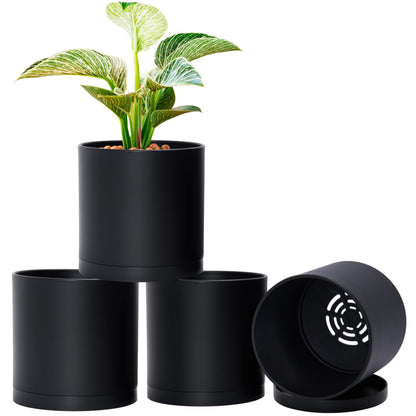 D'vine Dev 4 Pack 6 Inch Modern Plastic Plant Pots, Small Garden Planters for Plant with Drainage Holes and Saucers, Black Color, 74-Y-J-2