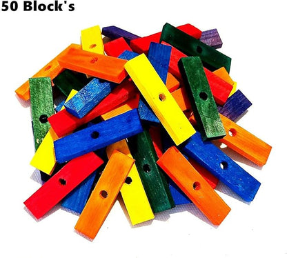Wooden Color 50 Blocks 3" Long for Parrot Bird Toy Cage Toys Medium Size Fantastic to chew