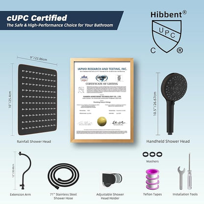 Hibbent All Metal CUPC Certified Shower Head, 10'' High Pressure Rainfall Shower Head, Handheld Showerhead Combo, 12'' Adjustable Extension Arm, 10 Sprays, 71'' Hose, Shower Holder, Oil Rubbed Bronze