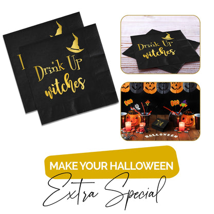 Drink Up Witches Halloween Napkins, 52 Pcs Halloween Cocktail Napkins For Decoration, Dinner, Beverage and Spooky Witch Party Supplies - Ideal Disposable Cocktail Napkin For Drink Party Decor