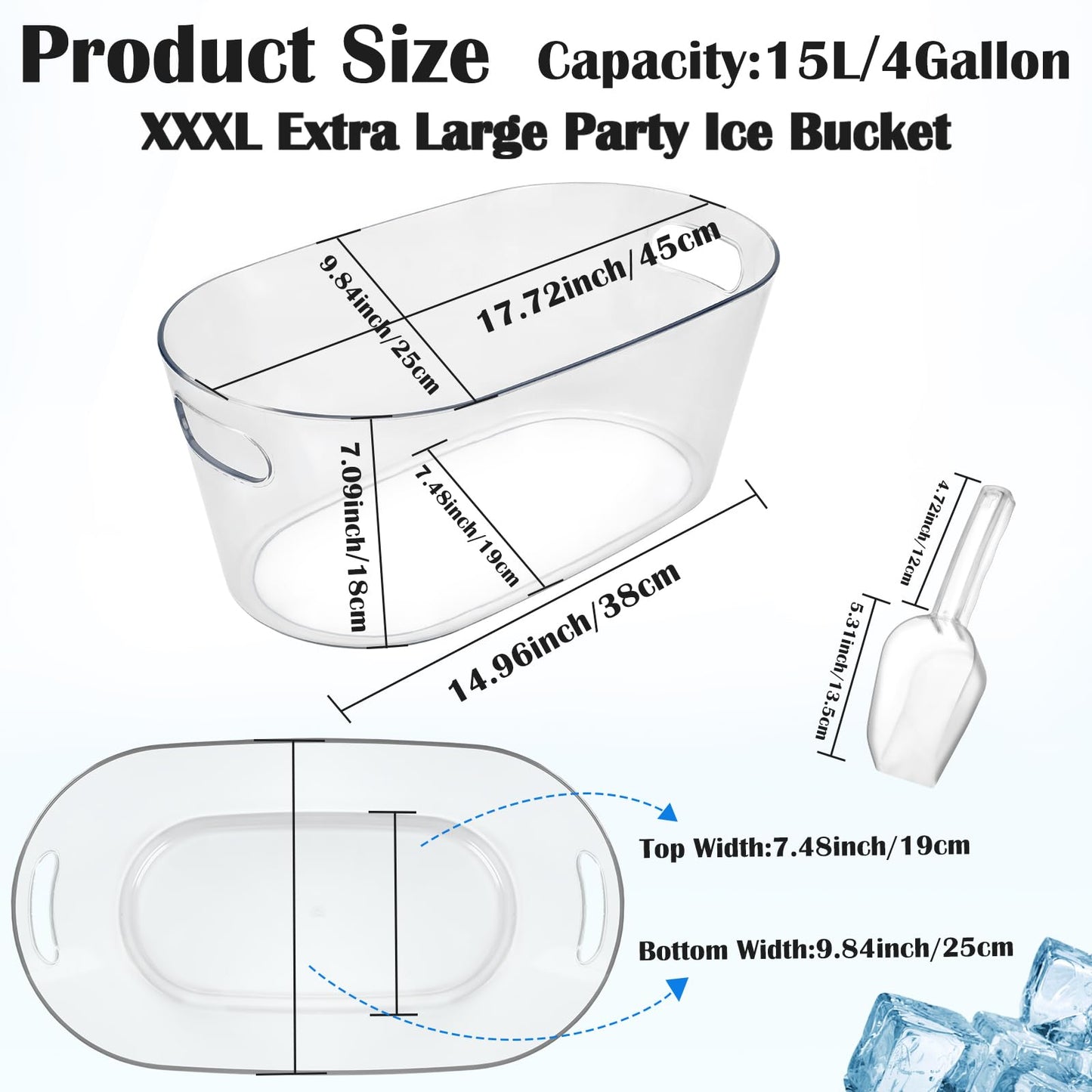 Ice Buckets for Parties 2 Packs, 15L Large Ice Bucket with 2 Scoops, Clear Acrylic Plastic Tub for Home Office Fridge Storage, Supplies for Champagne, Beer, Cocktail on Mimosa Bar Drinks and Parties