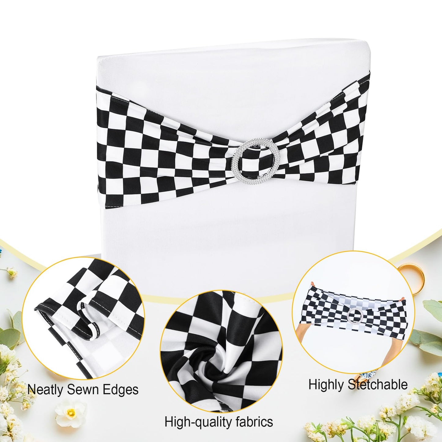 Newwiee 54 Pcs Stretch Chair Sashes with Table Runners, Classic Black and White Chair Bows Sashes Fringe Table Runner for Party Wedding Reception Banquet Decorations (Black and White Checkerboard)