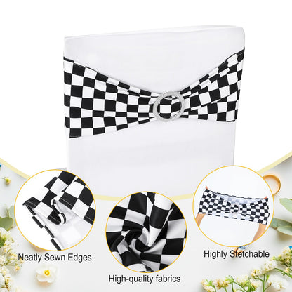 Newwiee 54 Pcs Stretch Chair Sashes with Table Runners, Classic Black and White Chair Bows Sashes Fringe Table Runner for Party Wedding Reception Banquet Decorations (Black and White Checkerboard)
