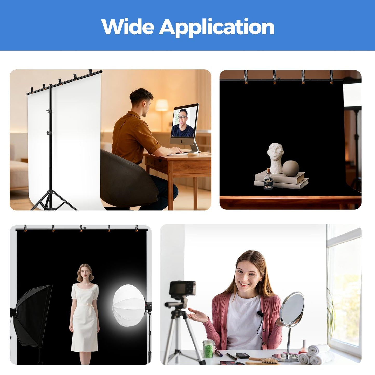 EMART Photo Backdrop with Stand Kit 6.5x5ft, Photography Black and White 2-in-1 Revisible Background Screen with Portable T-Shape Support and 5 Clamps for Video Recording Meeting Self Tape