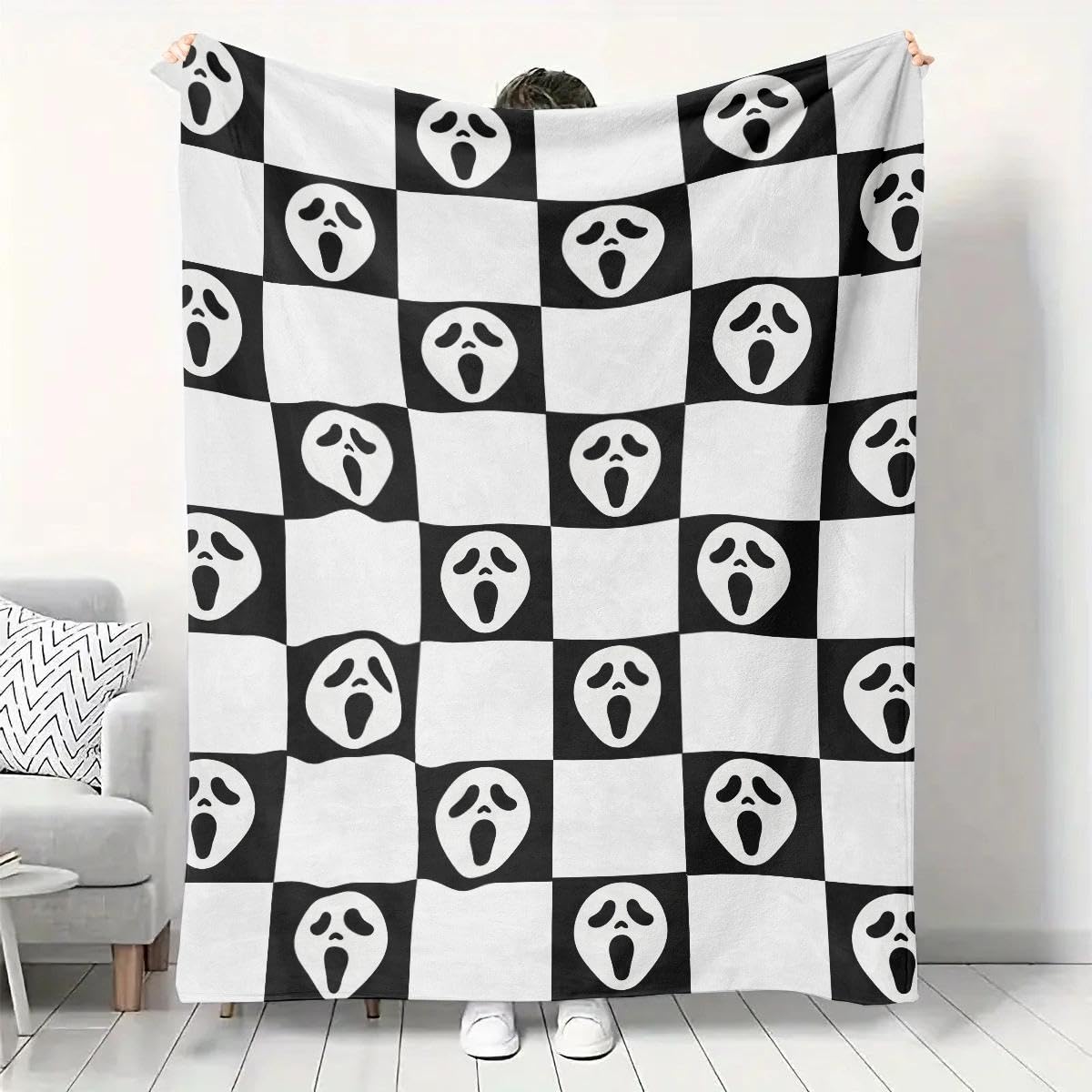 YWZDS Spooky Face Throw Blanket, Black and White Checkered Pattern, Halloween Ghost Blankets Fuzzy Gifts for Sofa Couch Bedroom (40 * 50 inch)
