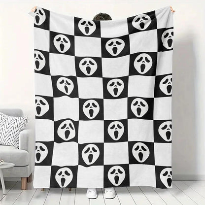 YWZDS Spooky Face Throw Blanket, Black and White Checkered Pattern, Halloween Ghost Blankets Fuzzy Gifts for Sofa Couch Bedroom (40 * 50 inch)